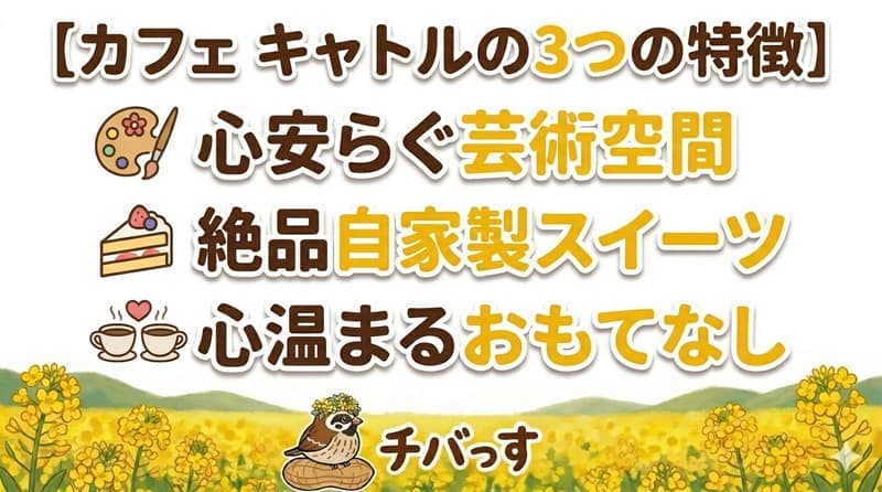 千葉県佐倉市「カフェ キャトル」の特徴をまとめた画像