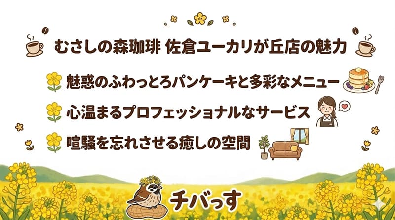 千葉県佐倉市「むさしの森珈琲 佐倉ユーカリが丘店」の特徴をまとめた画像