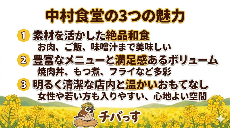 千葉県佐倉市の「中村食堂」の特徴をまとめた画像