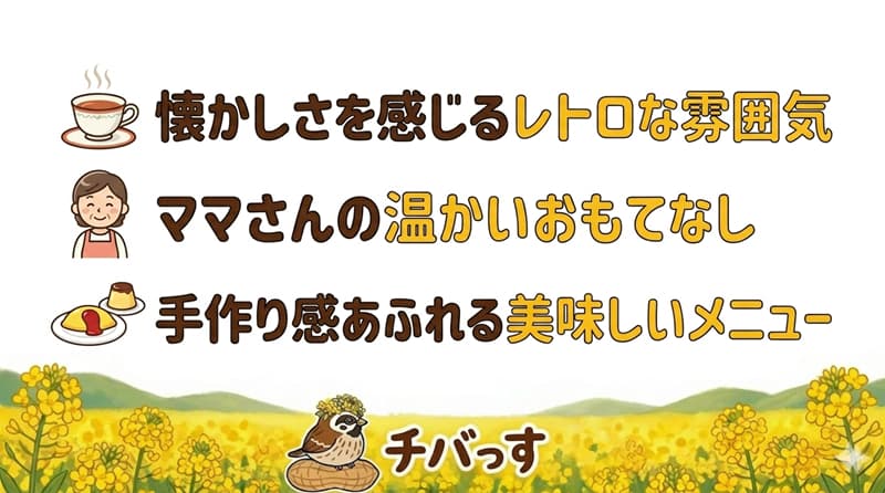 千葉県佐倉市「ティールームデラ」の特徴をまとめた画像