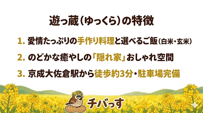 千葉県佐倉市の「遊っ蔵(ゆっくら)」の特徴をまとめた画像