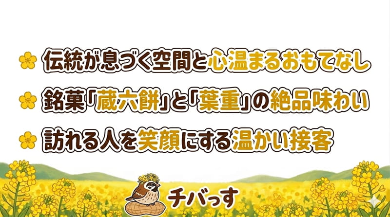 千葉県佐倉市の「蔵六餅本舗 木村屋」の特徴をまとめた画像