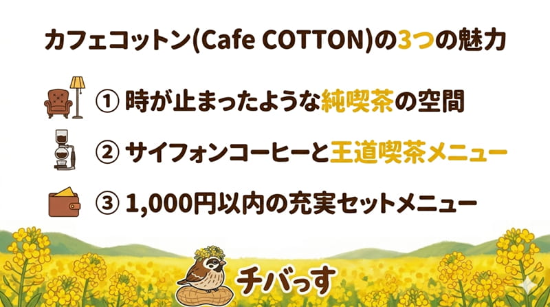 千葉県佐倉市のカフェ「カフェコットン(Cafe COTTON)」の特徴をまとめた画像