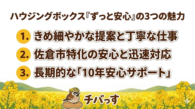 千葉県佐倉市のリフォーム会社「株式会社ハウジングボックス『ずっと安心』」の特徴をまとめた画像