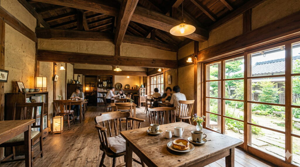 佐倉市の古民家カフェの内観。太い梁と高い天井が特徴的な空間のイメージ画像