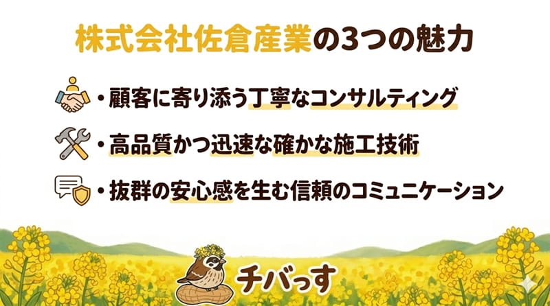 千葉県佐倉市の外壁塗装「株式会社佐倉産業」の特徴をまとめた画像