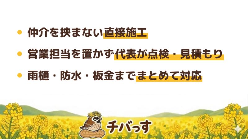 我孫子市の外壁塗装会社「株式会社Fine」の強み3点をまとめた図。1.仲介業者を介さない直接施工、2.営業担当を置かず代表が点検から見積もりまで、3.雨樋・防水・板金までまとめて依頼できる対応範囲。Google口コミ24件の評判を調査。