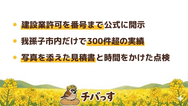 我孫子市の外壁塗装会社「株式会社オカダ建装」の強み3点をまとめた図。1.建設業許可を番号まで公式に開示、2.我孫子市内だけで300件超の施工実績、3.写真を添えた見積書と時間をかけた点検。Google口コミ4件の評判を調査。