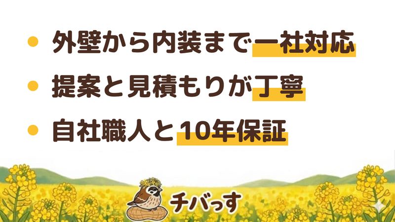 四街道市 株式会社ビリーフデザインの口コミ・評判からわかった3つの強み（外壁塗装から内装・防水まで一社対応／提案と見積もりが丁寧／自社職人と10年保証）をまとめた画像