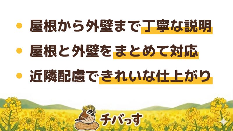 四街道市 大蓮建設株式会社の口コミ・評判からわかった3つの強み(屋根から外壁まで丁寧な説明と見積もり/屋根と外壁をまとめて対応/職人の礼儀と近隣配慮で新築のような仕上がり)をまとめた画像