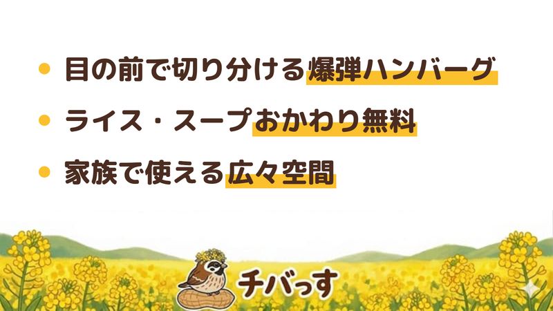 佐倉市 フライングガーデン 佐倉店の口コミ・評判からわかった3つの魅力（目の前で切り分ける爆弾ハンバーグ／ライス・スープおかわり無料／家族で使える広々空間）をまとめた画像