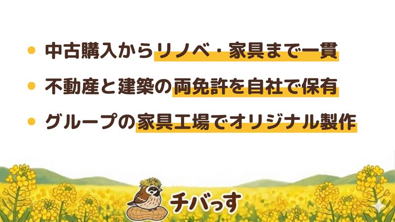 船橋市のリフォーム会社「DEAR HOME」の強み3点をまとめた図。1.中古購入から設計・施工・家具まで一貫のワンストップ、2.不動産と建築の両免許を自社で保有、3.グループの家具工場でオリジナル家具まで製作。Google口コミと公式を調査。