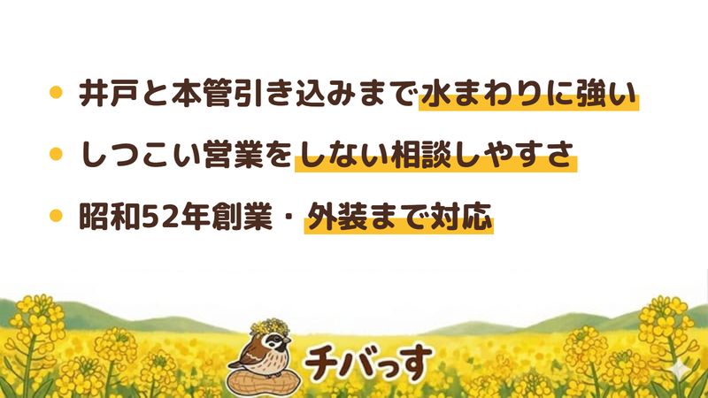 船橋市のリフォーム会社「今仲工務店」の強み3点をまとめた図。1.井戸と本管引き込みまで扱う水まわりの専門性、2.しつこい営業をしない相談しやすさ、3.昭和52年創業で水まわりから外装まで対応。Google口コミと公式を調査。