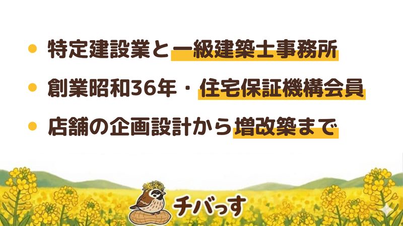 船橋市のリフォーム会社「小田原工務店」の強み3点をまとめた図。1.特定建設業と一級建築士事務所と宅建をそろえた総合建設業、2.創業昭和36年で住宅保証機構会員の実績、3.店舗の企画設計から増改築まで手がける幅。Google口コミと公式を調査。