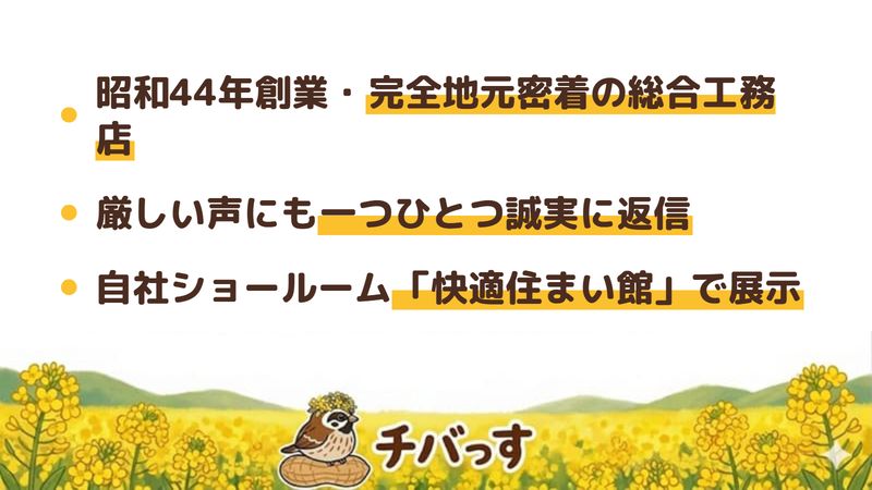 船橋市の工務店「大竹工務店」の強み3点をまとめた図。1.昭和44年創業で完全地元密着の総合工務店、2.厳しい口コミにも一つひとつ誠実に返信し経緯を説明・謝罪する姿勢、3.自社ショールーム「快適住まい館」で30メーカー以上を展示。Google口コミと公式を調査。