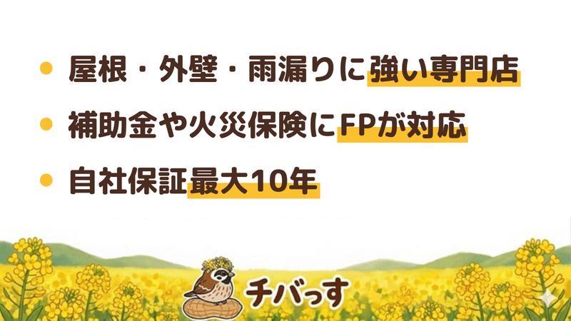 船橋市のリフォーム会社「おうちのお悩みドロボー」の強み3点をまとめた図。1.屋根・外壁・雨漏りに強い総合リフォーム専門店、2.補助金や火災保険を使ったリフォームにFPが対応、3.自社保証最大10年と現地調査見積無料。公式サイトを調査。