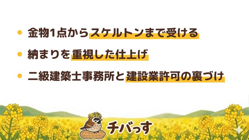船橋市のリフォーム会社「スパイスホーム」の強み3点をまとめた図。1.金物1点からスケルトンまで受ける設計施工、2.納まりを重視した仕上げ、3.二級建築士事務所と建設業許可の裏づけ。Google口コミと公式を調査。
