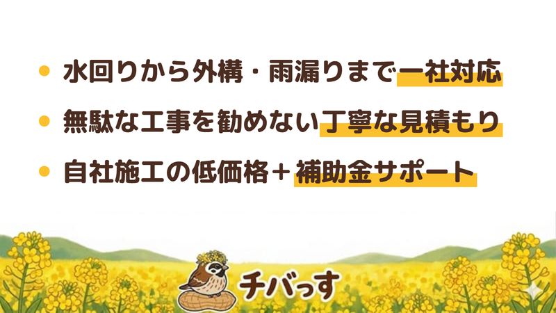 船橋市のリフォーム会社「トリキハウス」の強み3点をまとめた図。1.水回りから内装・外構・雨漏りまで一社対応、2.無駄な工事を勧めず必要な分だけの提案と丁寧な見積もり、3.自社施工の低価格と省エネ補助金の申請サポート。Google口コミと公式を調査。