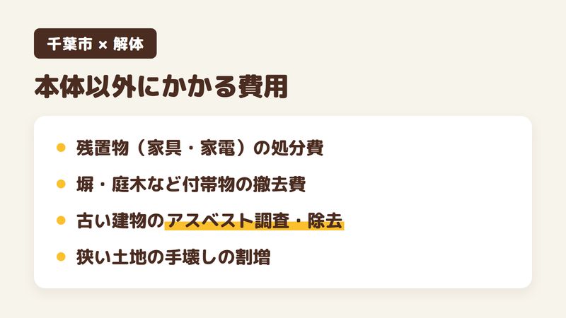 千葉市の解体費用で本体以外にかかる費用（残置物の処分費／付帯物の撤去費／古い建物のアスベスト調査・除去／狭い土地の手壊しの割増）をまとめた画像