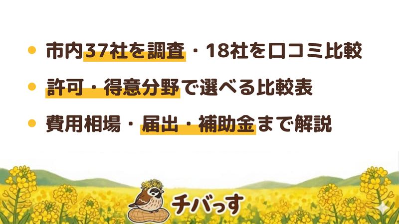 千葉市の解体業者比較ガイドの要点（市内37社を調査し18社を口コミ比較／許可・得意分野で選べる比較表／費用相場・届出・補助金まで解説）をまとめた画像
