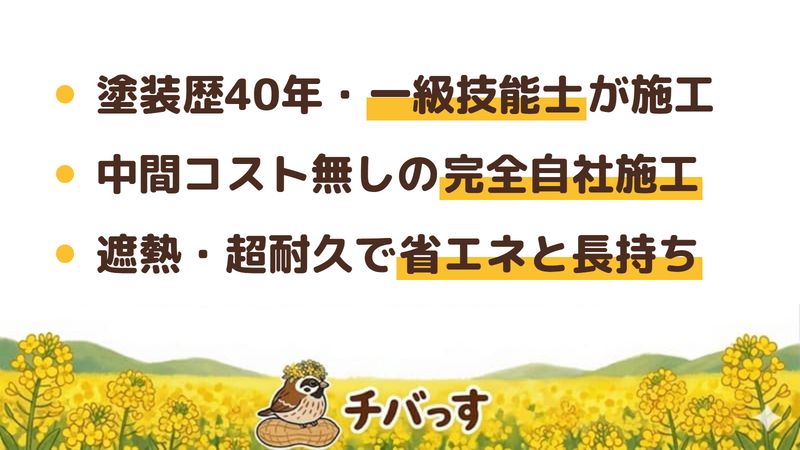 市原市の外壁塗装会社「トータルペイント アローアップ」の強み3点をまとめた図。1.塗装歴40年以上・一級建築塗装技能士による施工、2.中間コストを抑える完全自社施工、3.遮熱・超耐久塗料で省エネと塗り替え周期の長期化。公式サイトを調査。