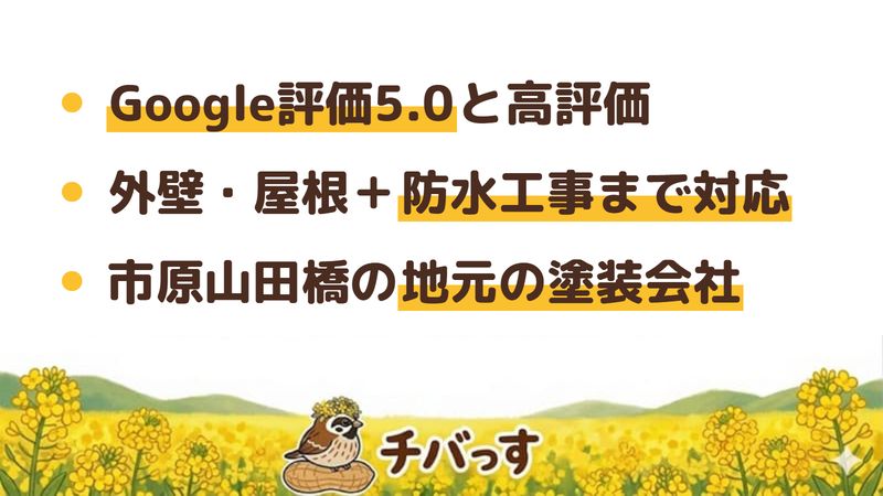 市原市の外壁塗装会社「宮田塗装工業」について、口コミ・評判と会社情報から分かる3点をまとめた図。1.少数ながらGoogle評価5.0、2.外壁・屋根塗装から防水工事まで対応、3.市原市山田橋の地元の塗装会社。