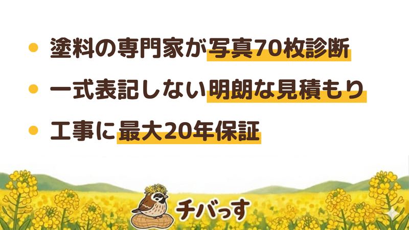 市原市の外壁塗装専門店「ヌリマス」の強み3点をまとめた図。1.「外壁塗装は塗料だ」を掲げる塗料の専門性と写真70枚＋ドローンの現地診断、2.一式表記をしない明朗見積もりとLINEでの毎日報告、3.工事に最大20年保証と地域密着。Google口コミと公式を調査。