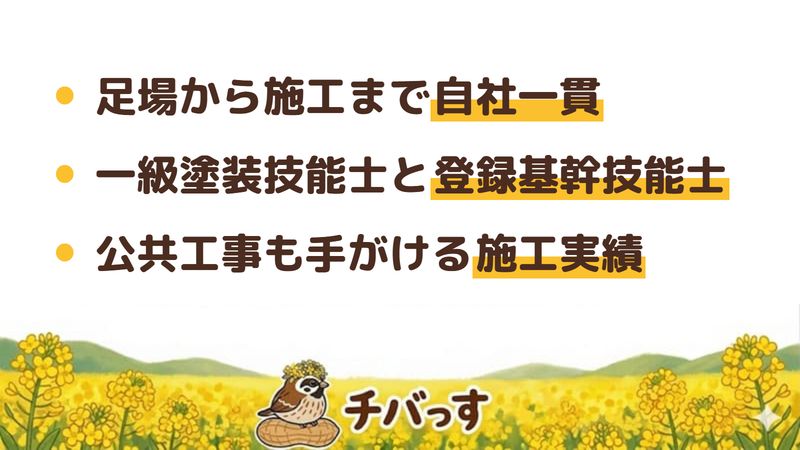 市原市の外壁塗装会社「信和塗装興業」の強み3点をまとめた図。1.足場設置から施工・メンテまで下請けなしの自社一貫体制、2.一級塗装技能士と代表の登録基幹技能士という資格の裏づけ、3.公共工事も手がける幅広い施工実績。公式サイトを調査。