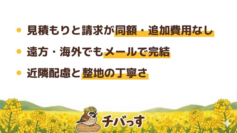 千葉市の井澤興業の口コミ・評判から分かった強み（見積もりと請求が同額で追加費用なし／遠方・海外でもメールで完結／近隣配慮と整地の丁寧さ）をまとめた画像