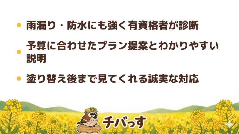 四街道市 株式会社リペイン・ラボの口コミ・評判からわかった3つの強み（雨漏り・防水にも強く有資格者が診断／予算に合わせたプラン提案とわかりやすい説明／塗り替え後まで見てくれる誠実な対応）をまとめた画像