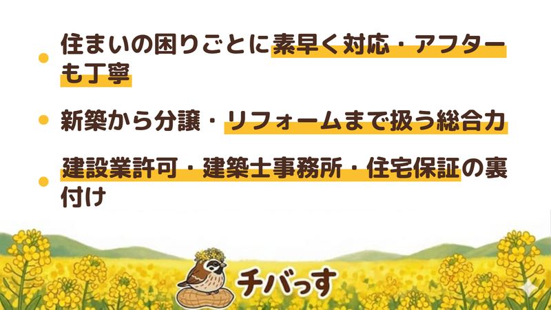 大東建設の強み3点をまとめた図。1.給湯器・シャッターなど住まいの困りごとに素早く対応しアフターも丁寧、2.新築から分譲・リフォームまで扱う総合住宅会社、3.建設業許可・建築士事務所・住宅保証機構登録の裏付け。佐倉市の総合住宅会社の口コミ評判を解析。