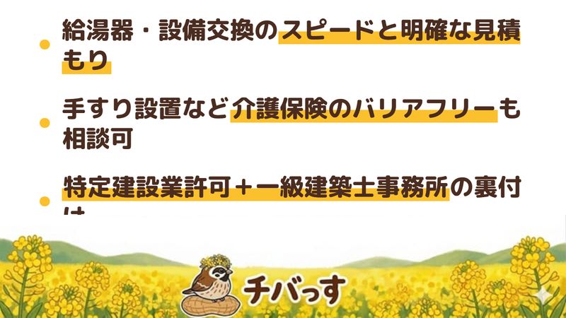 角栄ホームズ志津営業所の強み3点をまとめた図。1.給湯器・設備交換のスピードと見積もりの明確さ、2.手すり設置など介護保険を使ったバリアフリーも相談できる、3.特定建設業許可と一級建築士事務所の裏付け。佐倉市のリフォーム会社の口コミ評判を解析。