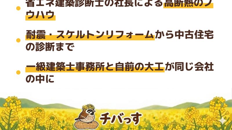 勝建設株式会社（小杉建築設計事務所）の強み4点をまとめた図。1.省エネ建築診断士の社長による高断熱・高気密のノウハウを断熱リフォームに、2.震度7対応の耐震やスケルトンリフォーム・中古住宅の診断まで、3.一級建築士事務所と自前の大工が同じ会社の中にある一貫体制、4.温度バリアフリーや狭小地活用の設計力。佐倉市の高性能住宅に強い会社を公式サイトから調査。