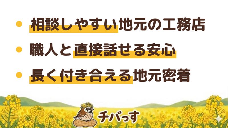 佐倉市の工務店「佐々木工務店」の強み3点をまとめた図。1.相談しやすい地元の工務店、2.職人と直接話せる安心感、3.自宅の購入からリフォームまで長い付き合い。Google口コミを調査。