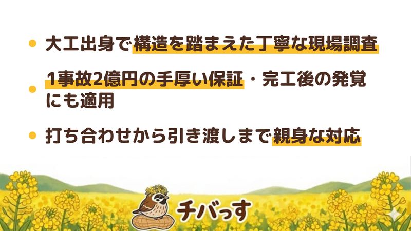 サンライズハウジングの強み3点をまとめた図。1.大工出身だから建物の構造を踏まえた丁寧な現場調査、2.1事故2億円を上限とする手厚い保証で完工後の発覚にも適用、3.傾聴・提案・対応・技術・誠実を掲げ打ち合わせから引き渡しまで親身。佐倉市のリフォーム会社の公式と口コミを調査。