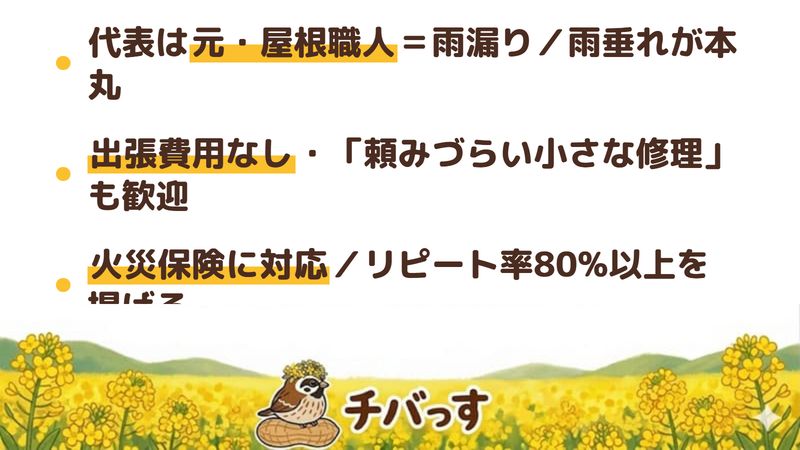 匠の松の強み3点をまとめた図。1.代表が元屋根職人で屋根工事・雨漏り・雨垂れを得意とする、2.出張費用がかからず「頼みづらい小さな修理」も引き受ける、3.火災保険に対応しリピート率80%以上でアフターフォローも継続。佐倉市白銀のリフォーム会社をチバっすが調査。