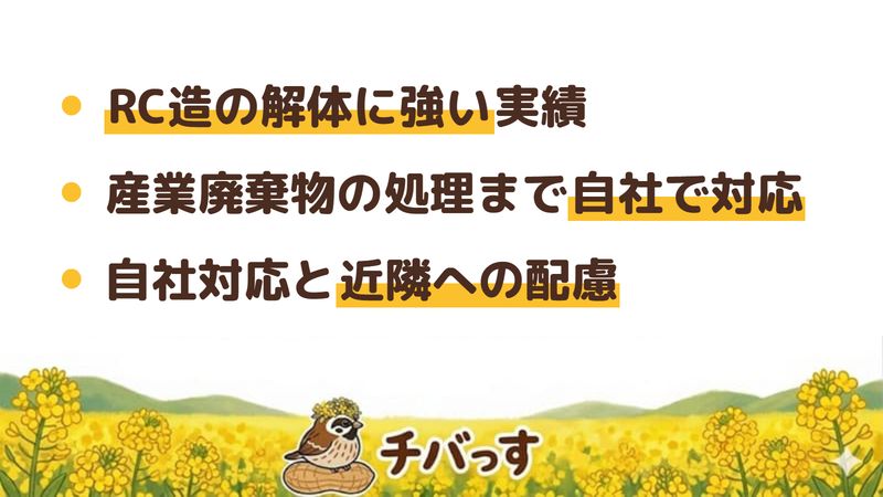 千葉市の株式会社創栄興業の特徴（RC造の解体に強い実績／産業廃棄物の処理まで自社で対応／自社対応と近隣への配慮）を公式サイトから調査してまとめた画像