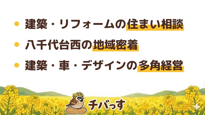 八千代市の会社「ミネルバ」の口コミ・評判と強み3点をまとめた図。1.建築・リフォームを軸に外壁塗装も住まいの相談窓口として頼める、2.八千代台西に拠点を置く地域密着の姿勢、3.建築・自動車・デザインまで手がける多角的な会社。公式サイトを調査。