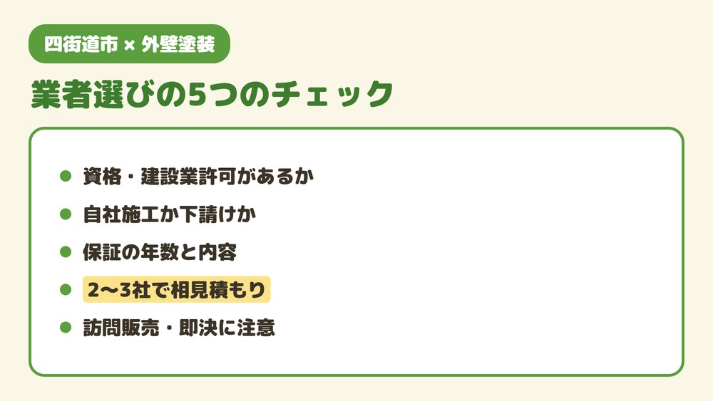 四街道市で外壁塗装業者を選ぶ5つのチェックポイント(資格・建設業許可/自社施工/保証年数/相見積もり/訪問販売に注意)をまとめた画像。