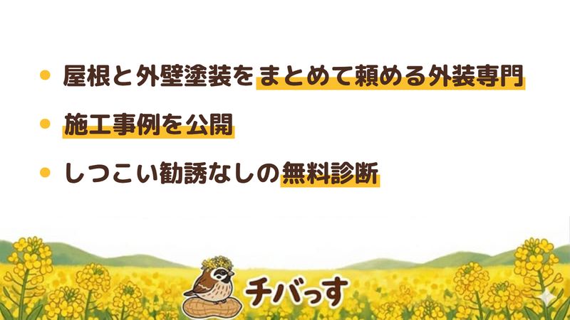 四街道市の外壁塗装会社「ワイズ」の強み3点をまとめた図。1.屋根と外壁塗装をまとめて頼める外装専門、2.施工事例を公開、3.しつこい勧誘をしない無料診断。公式サイトを調査。