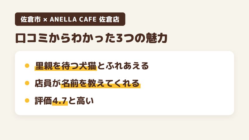 佐倉市大崎台の保護犬猫ふれあいカフェ「ANELLA CAFE 佐倉店」の口コミからわかった3つの魅力（里親を待つ犬猫とふれあえる／店員が名前を教えてくれる／評価4.7と高い）をまとめた画像