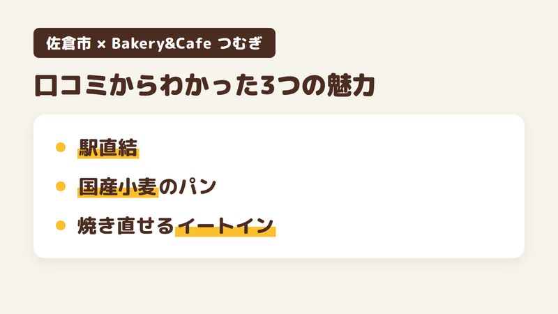 佐倉市ユーカリが丘の「Bakery&Cafe つむぎ」の口コミからわかった3つの魅力（駅直結でアクセスがよい／国産小麦を使うパン／トースターが使えるイートイン）をまとめた画像