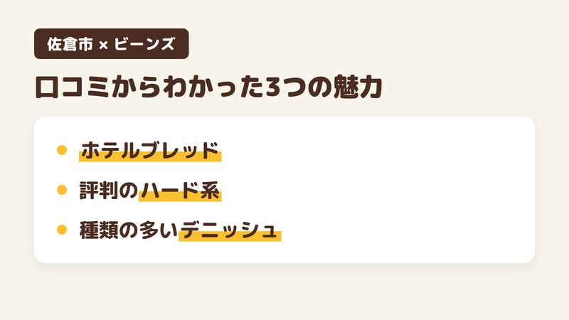佐倉市ユーカリが丘の「ビーンズ」の口コミからわかった3つの魅力（週に何度も買う人がいるホテルブレッド／有名店に引けを取らないハード系／種類の多いデニッシュ）をまとめた画像