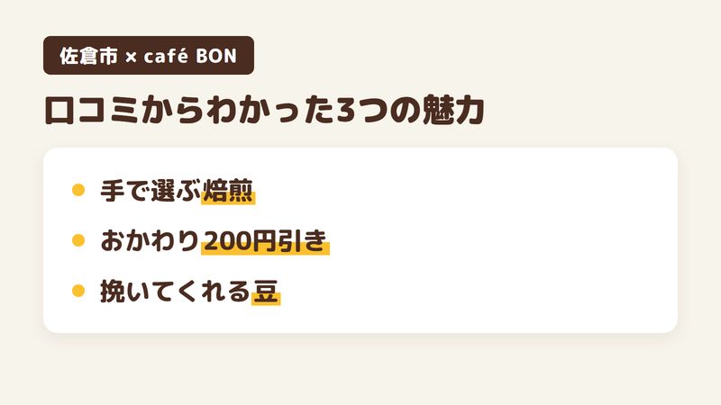 佐倉市上志津の「café BON」の口コミからわかった3つの魅力（悪い豆を手で取り除く焙煎／おかわりが200円引き／挽いてもらえる豆の販売）をまとめた画像