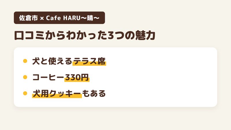 佐倉市西ユーカリが丘の「Cafe HARU〜晴〜」の口コミからわかった3つの魅力（犬と一緒に使えるテラス席／コーヒー330円という手ごろさ／お酒や犬用クッキーまである品ぞろえ）をまとめた画像