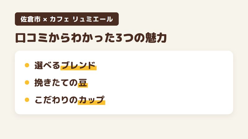 佐倉市王子台の「カフェ リュミエール」の口コミからわかった3つの魅力（苦みの強さで選べるブレンド／注文を受けてから挽く豆／気に入った器で出てくる一杯）をまとめた画像