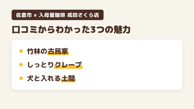 佐倉市吉見の「入母屋珈琲 成田さくら店」の口コミからわかった3つの魅力（竹林に囲まれた古民家／しっとりしたクレープと濃厚なソフト／犬と入れる土間とドッグラン）をまとめた画像
