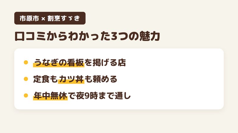 市原市白金町の「割烹すゞき」の口コミからわかった3つの魅力（うなぎの看板を掲げつつ定食も頼める／落ち着いた雰囲気で品書きが多い／年中無休で夜9時まで通しの登録）をまとめた画像