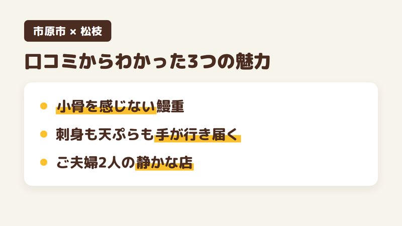 市原市五井中央東の日本料理店「松枝」の口コミからわかった3つの魅力（小骨を感じない鰻重／刺身や天ぷらまで手が行き届いている／ご夫婦2人で静かに営む店）をまとめた画像