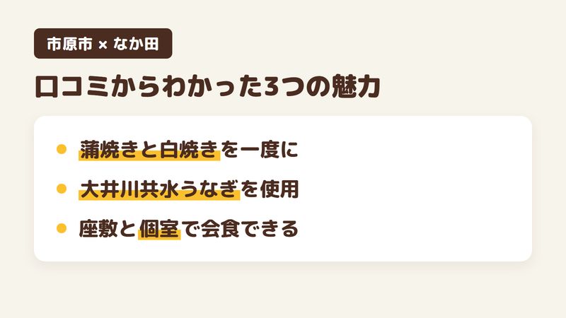 市原市国分寺台中央のうなぎ店「寿司うなぎ なか田」の口コミからわかった3つの魅力（蒲焼きと白焼きを一度に味わえる二味重／大井川共水うなぎを使う／座敷と個室があり会食に使える）をまとめた画像